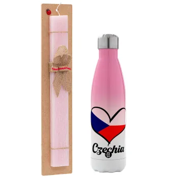 Czechia flag, Easter Set, Metallic pink/white (Stainless steel) thermos, double-walled, 500ml & aromatic flat Easter candle (30cm) (PINK)