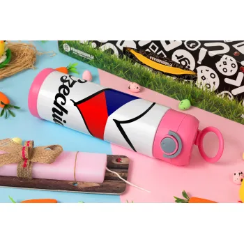 Czechia flag, Πασχαλινή Λαμπάδα με Παιδικό παγούρι θερμό, ανοξείδωτο, με καλαμάκι ασφαλείας, ΡΟΖ (500ml)