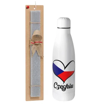 Czechia flag, Easter Set, metallic stainless thermos bottle (500ml) & scented flat Easter candle (30cm) (GRAY)