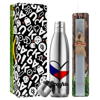 Czechia flag, Πασχαλινή Λαμπάδα με μεταλλικό παγούρι θερμός ανοξείδωτο (500ml) & κερί αρωματικό πλακέ (30cm) (ΓΚΡΙ)