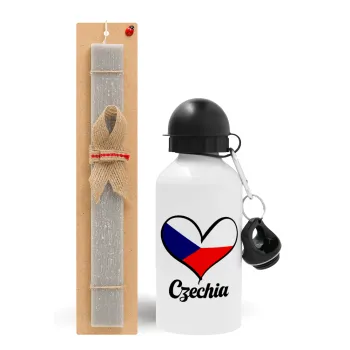 Czechia flag, Easter Set, metallic aluminum water bottle (500ml) & aromatic flat Easter candle (30cm) (GRAY)