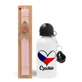 Czechia flag, Easter Set, metallic aluminum bottle (500ml) & aromatic flat Easter candle (30cm) (PINK)