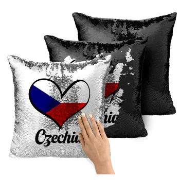 Czechia flag, Μαξιλάρι καναπέ Μαγικό Μαύρο με πούλιες 40x40cm περιέχεται το γέμισμα