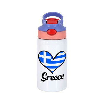 Greece flag, Children's hot water bottle, stainless steel, with safety straw, pink/purple (350ml)