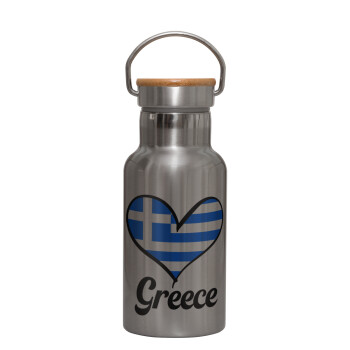 Greece flag, Μεταλλικό παγούρι θερμός (Stainless steel) Ασημένιο με ξύλινο καπακι (bamboo), διπλού τοιχώματος, 350ml