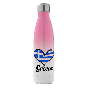 Greece flag, Metal mug thermos Pink/White (Stainless steel), double wall, 500ml