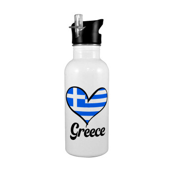 Greece flag, White water bottle with straw, stainless steel 600ml