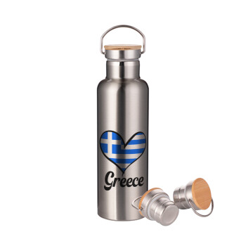 Greece flag, Stainless steel Silver with wooden lid (bamboo), double wall, 750ml