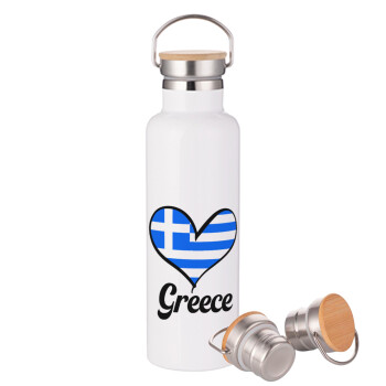 Greece flag, Μεταλλικό παγούρι θερμός (Stainless steel) Λευκό με ξύλινο καπακι (bamboo), διπλού τοιχώματος, 750ml