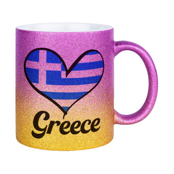 Greece flag, Κούπα Χρυσή/Ροζ Glitter, κεραμική, 330ml