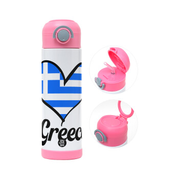 Greece flag, Children's hot water bottle, stainless steel, with safety straw, PINK (500ml)