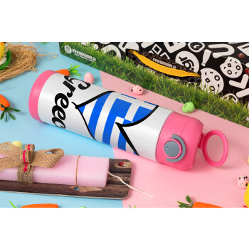 Greece flag, Πασχαλινή Λαμπάδα με Παιδικό παγούρι θερμό, ανοξείδωτο, με καλαμάκι ασφαλείας, ΡΟΖ (500ml)