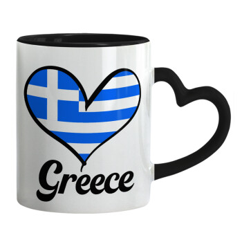 Greece flag, Κούπα καρδιά χερούλι μαύρη, κεραμική, 330ml