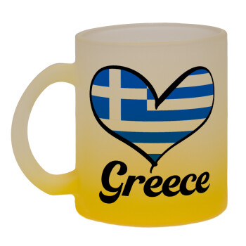 Greece flag, Κούπα γυάλινη δίχρωμη με βάση το κίτρινο ματ, 330ml