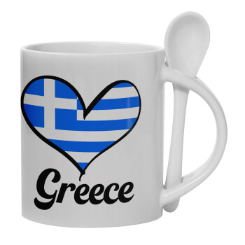 Greece flag, Ceramic coffee mug with Spoon, 330ml (1pcs)