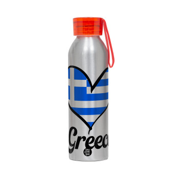 Greece flag, Aluminum Sports Bottle 650ml – Silver with Red Cap and Silicone Strap