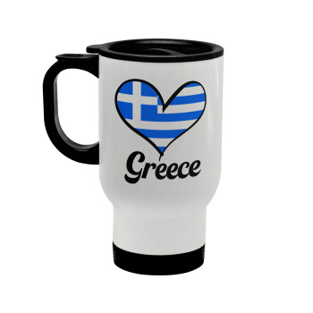 Greece flag, Κούπα ταξιδιού ανοξείδωτη με καπάκι, διπλού τοιχώματος (θερμό) λευκή 450ml