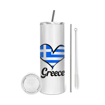 Greece flag, Tumbler ποτήρι θερμό από ανοξείδωτο ατσάλι 600ml, με μεταλλικό καλαμάκι & βούρτσα καθαρισμού