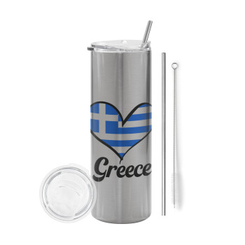 Greece flag, Eco friendly ποτήρι θερμό Ασημένιο (tumbler) από ανοξείδωτο ατσάλι 600ml, με μεταλλικό καλαμάκι & βούρτσα καθαρισμού