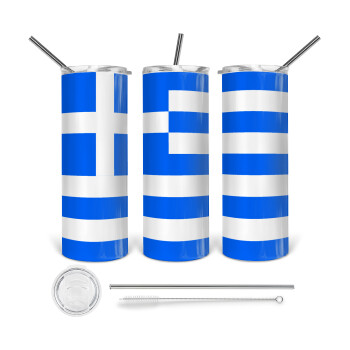 Greece flag, 360 Eco friendly ποτήρι θερμό (tumbler) από ανοξείδωτο ατσάλι 600ml, με μεταλλικό καλαμάκι & βούρτσα καθαρισμού