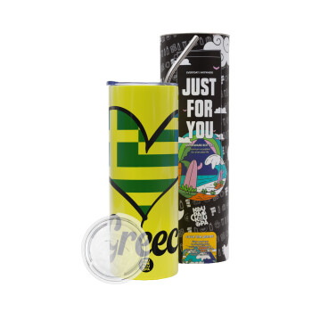 Greece flag, Neon Yellow Travel Tumbler θερμό, μεταλλικό καλαμάκι(Ανωξείδωτο 304 Food grade, BPA free, 600ml)