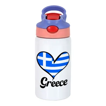 Greece flag, Children's hot water bottle, stainless steel, with safety straw, pink/purple (350ml)