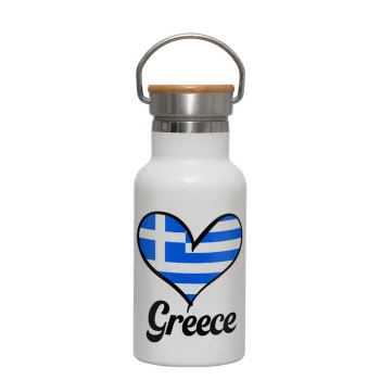 Greece flag, Metallic thermos (Stainless steel) White with wooden lid (bamboo), double-walled, 350ml