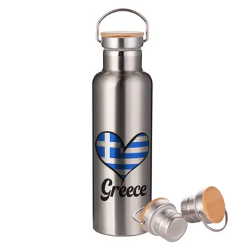 Greece flag, Μεταλλικό παγούρι θερμός (Stainless steel) Ασημένιο με ξύλινο καπακι (bamboo), διπλού τοιχώματος, 750ml