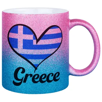 Greece flag, Κούπα Χρυσή/Μπλε Glitter, κεραμική, 330ml