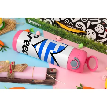Greece flag, Easter candle, Childrens hot water bottle, stainless steel, with safety straw, PINK (500ml)