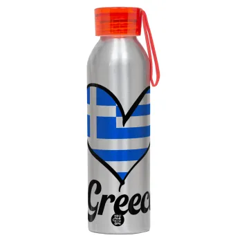 Greece flag, Αλουμινένιο Αθλητικό Μπουκάλι 650ml – Ασημί με Κόκκινο Καπάκι και Λουράκι Σιλικόνης