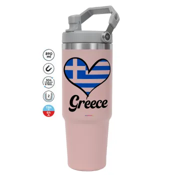 Greece flag, PINK Travel Tumbler with Handle 890ml