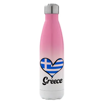 Greece flag, Μεταλλικό παγούρι θερμός Ροζ/Λευκό (Stainless steel), διπλού τοιχώματος, 500ml
