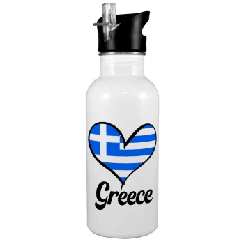 Greece flag, White water bottle with straw, stainless steel 600ml