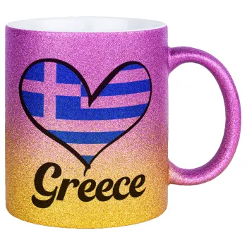 Greece flag, Κούπα Χρυσή/Ροζ Glitter, κεραμική, 330ml
