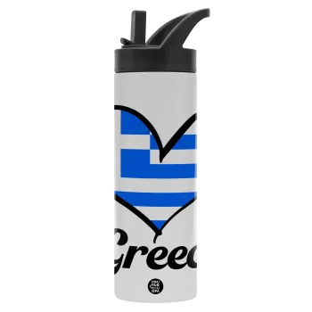 Greece flag, Metallic thermos bottle with straw & handle, stainless steel (Stainless steel 304), double-walled, 600ml.