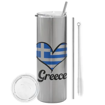 Greece flag, Tumbler ποτήρι θερμό Ασημένιο από ανοξείδωτο ατσάλι 600ml, με μεταλλικό καλαμάκι & βούρτσα καθαρισμού
