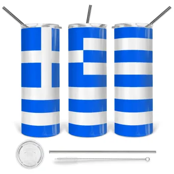 Greece flag, Tumbler ποτήρι θερμό από ανοξείδωτο ατσάλι 600ml, με μεταλλικό καλαμάκι & βούρτσα καθαρισμού