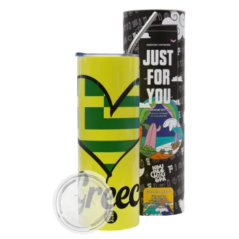 Greece flag, Neon Yellow Travel Tumbler θερμό, μεταλλικό καλαμάκι(Ανωξείδωτο 304 Food grade, BPA free, 600ml)