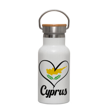 Cyprus flag, Μεταλλικό παγούρι θερμός (Stainless steel) Λευκό με ξύλινο καπακι (bamboo), διπλού τοιχώματος, 350ml