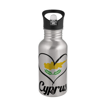 Cyprus flag, Water bottle Silver with straw, stainless steel 500ml