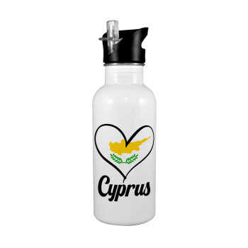 Cyprus flag, White water bottle with straw, stainless steel 600ml