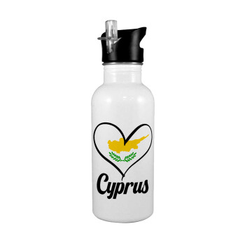 Cyprus flag, Παγούρι νερού Λευκό με καλαμάκι, ανοξείδωτο ατσάλι 600ml