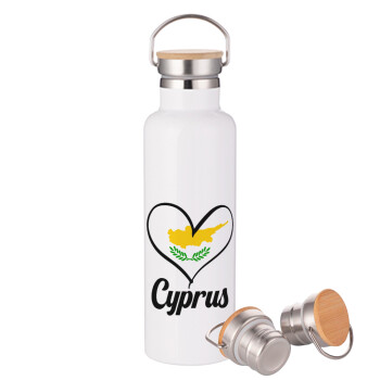 Cyprus flag, Stainless steel White with wooden lid (bamboo), double wall, 750ml