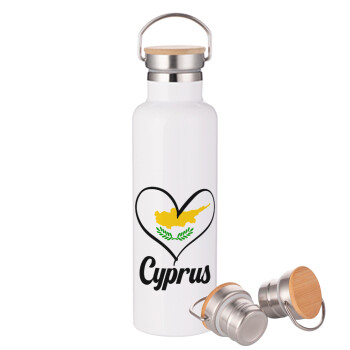 Cyprus flag, Μεταλλικό παγούρι θερμός (Stainless steel) Λευκό με ξύλινο καπάκι (bamboo), διπλού τοιχώματος, 750ml