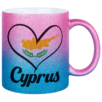 Cyprus flag, Κούπα Χρυσή/Μπλε Glitter, κεραμική, 330ml