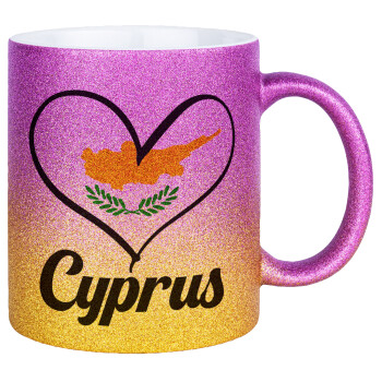 Cyprus flag, Κούπα Χρυσή/Ροζ Glitter, κεραμική, 330ml