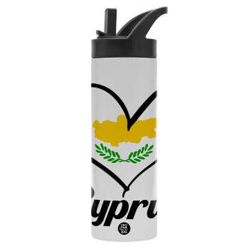 Cyprus flag, Metallic thermos bottle with straw & handle, stainless steel (Stainless steel 304), double-walled, 600ml.