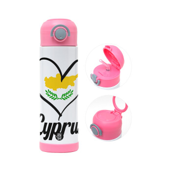 Cyprus flag, Children's hot water bottle, stainless steel, with safety straw, PINK (500ml)