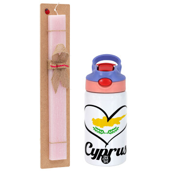 Cyprus flag, Easter Set, Children's thermal stainless steel water bottle with safety straw, pink/purple (350ml) & Easter scented flat candle (30cm) (PINK)